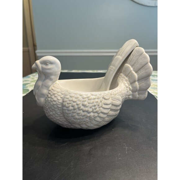Pottery Barn Turkey Gravy Boat & Ladel White Distressed Stoneware, Farmhouse/EUC